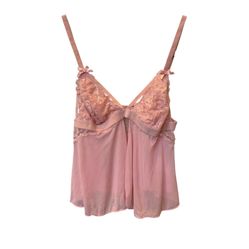 Pink Lace Mesh Babydoll Top Sheer Split Front Lingerie Coquette Camisole Medium